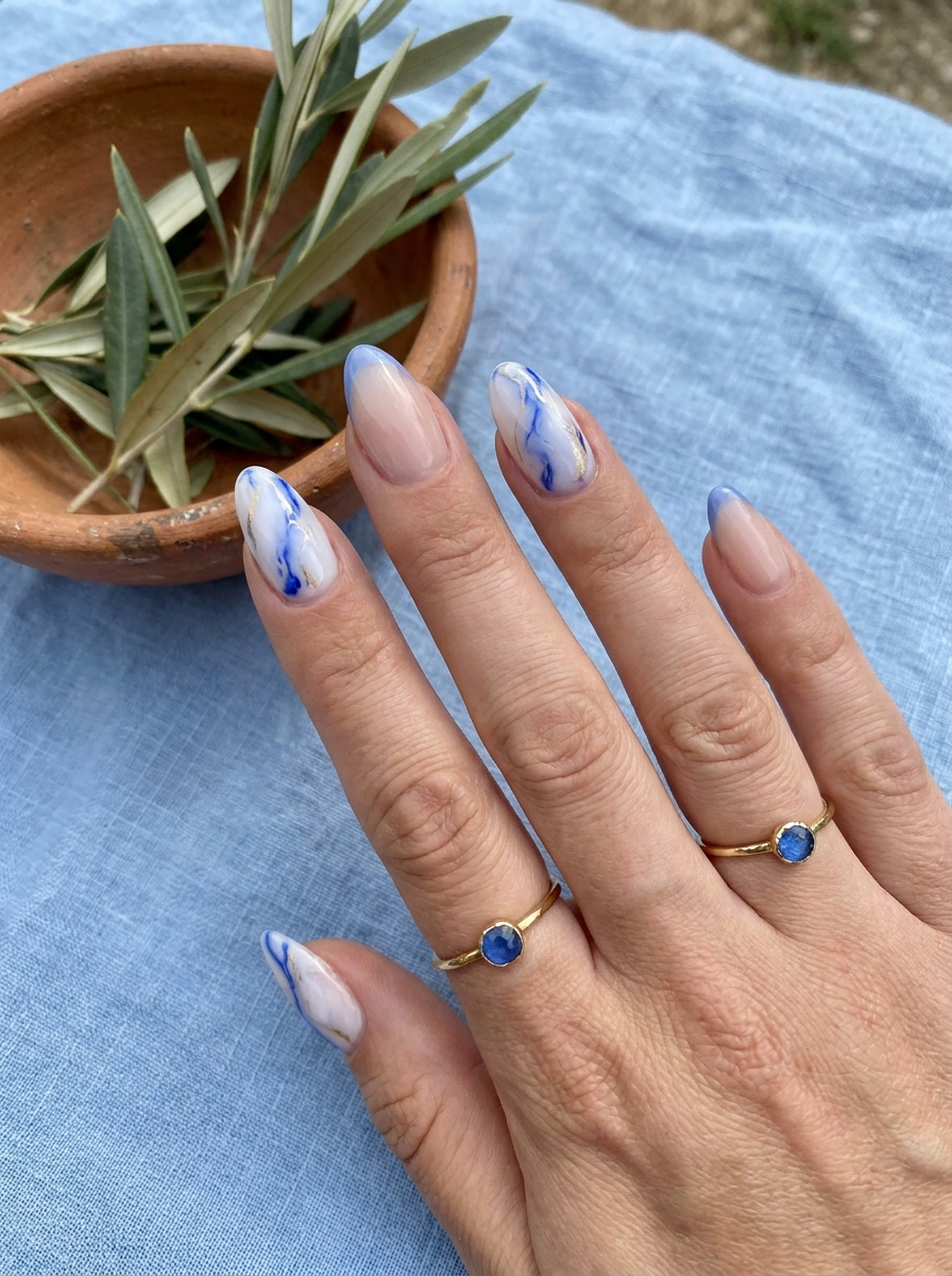 Marble Greece Nails mit weißen und blauen Marmorlinien
